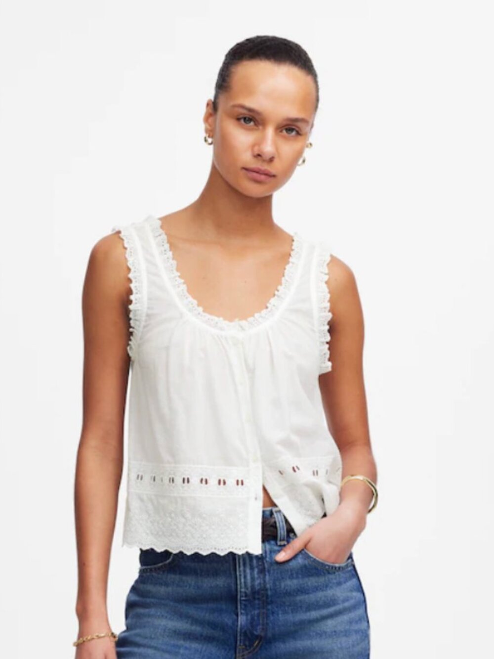 Madewell White Eyelet Lace Trim Tank